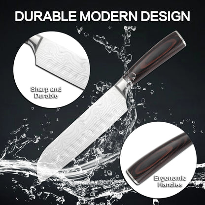 Ultimate 12Pcs Professional Kitchen Knife Set, Damascus Laser Pattern High Carbon Stainless Steel Knives, Ergonomic Wood Grain H