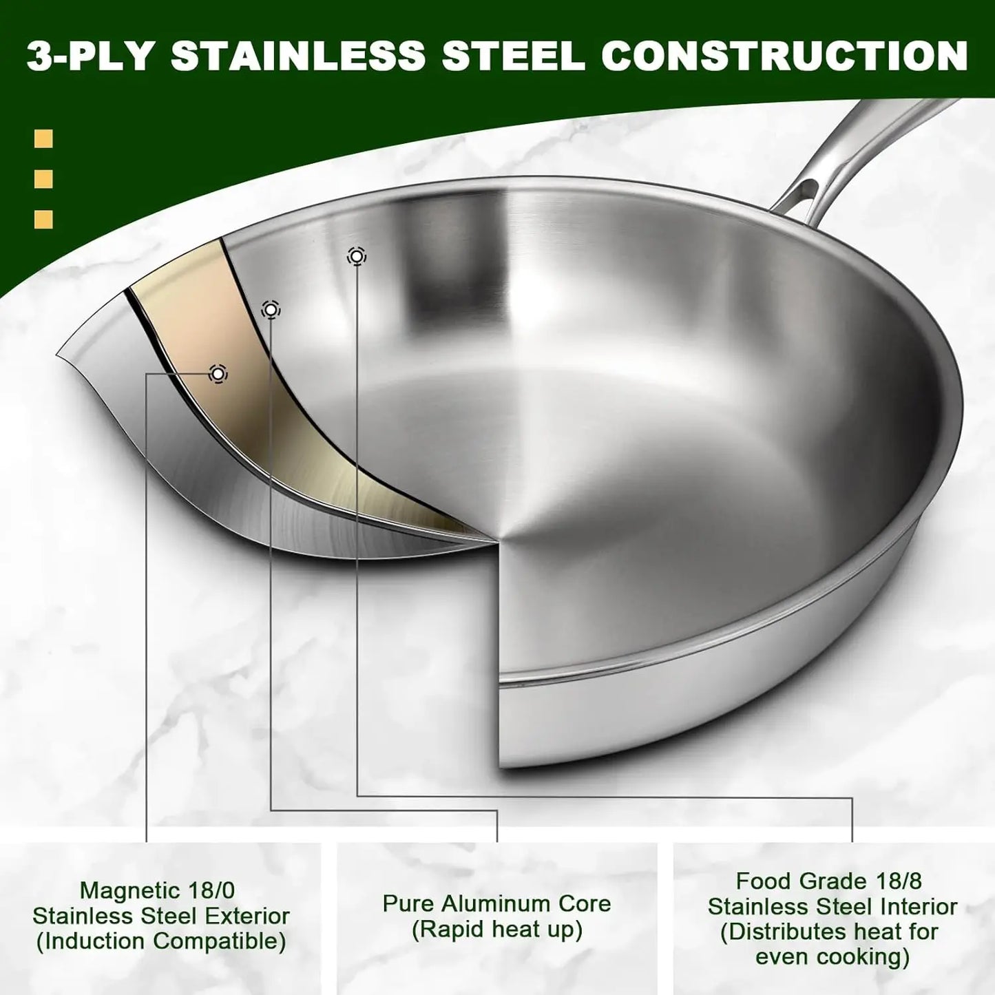 12-Inch Stainless Steel Frying Pan with Lid, Induction-Ready, Oven & Dishwasher Safe for All Cooktops