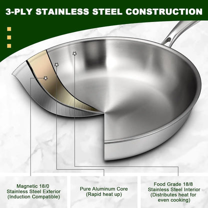12-Inch Stainless Steel Frying Pan with Lid, Induction-Ready, Oven & Dishwasher Safe for All Cooktops