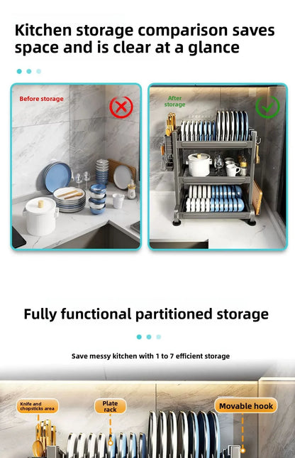 Minimalist Countertop Storage Stainless Steel Drain Dish Rack Kitchen Shelf Multifunctional Shelf Drain Dish Rack