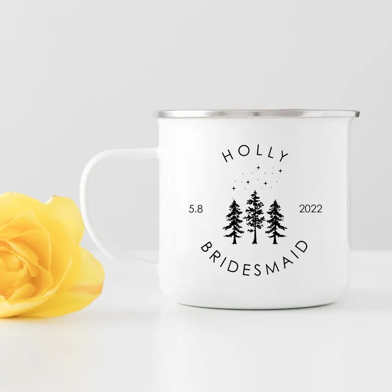 Personalized Bridesmaid Enamel Camping Mug Custom Name Date Bridal Party Coffee Cup Maid of Honor Gift Wedding Campfire Cups