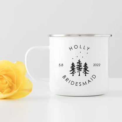 Personalized Bridesmaid Enamel Camping Mug Custom Name Date Bridal Party Coffee Cup Maid of Honor Gift Wedding Campfire Cups