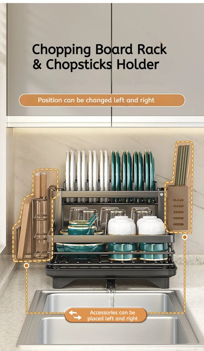 Adjustable Stainless Steel Dish Drying Rack with Drain Board – Over-Sink Plate Holder & Kitchen Storage Organizer