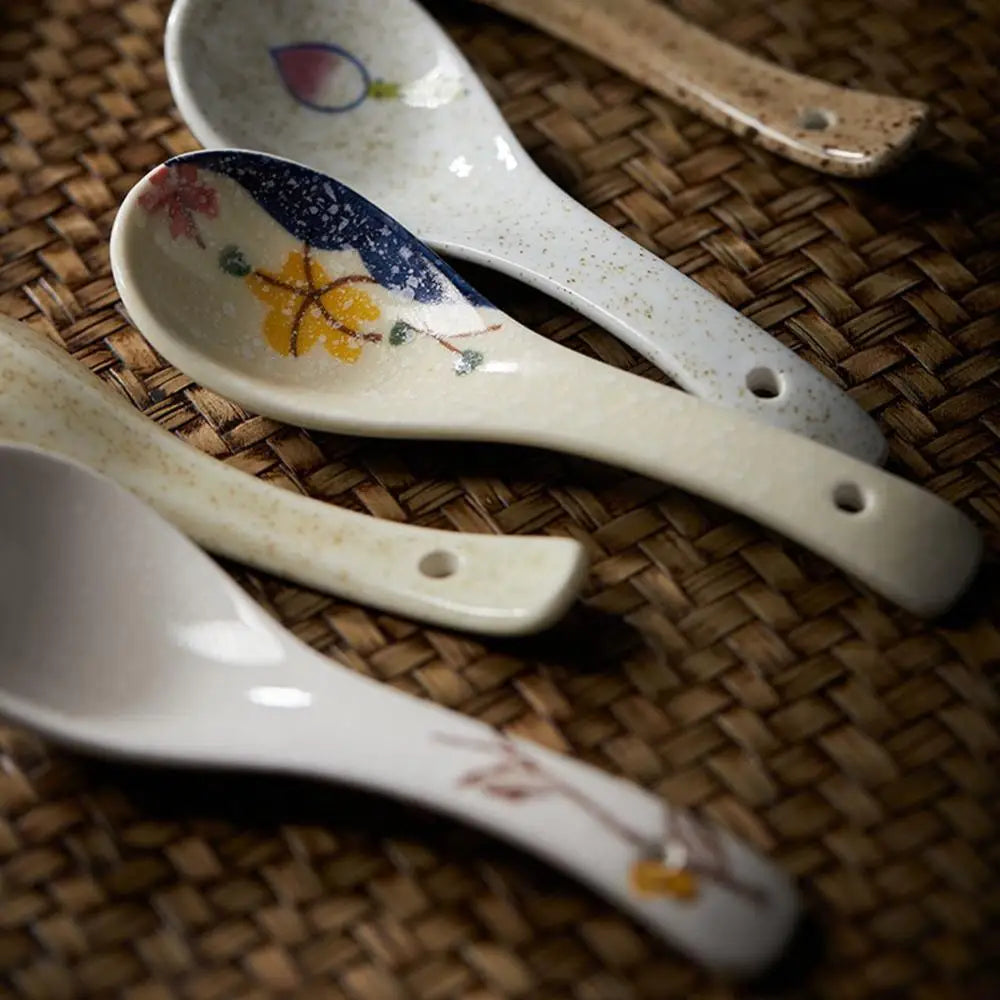 Japanese-style Ceramic Mixing Spoons Stir Soup Spoons Kitchen Utensil Tableware Cutlery Adults Kids Dinnerware