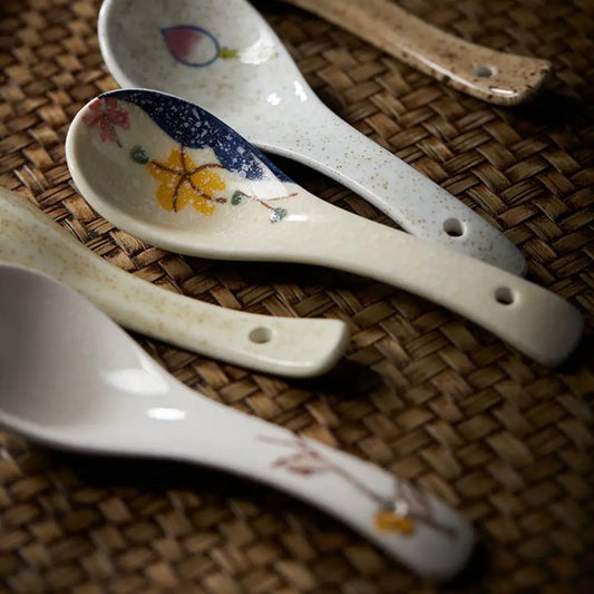 Japanese-style Ceramic Mixing Spoons Stir Soup Spoons Kitchen Utensil Tableware Cutlery Adults Kids Dinnerware