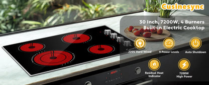 Electric Cooktop 30 Inch - 4 Burners Built-in Ceramic Cooktop, 30" Radiant Electric Stove Top with Knob Control 7200W