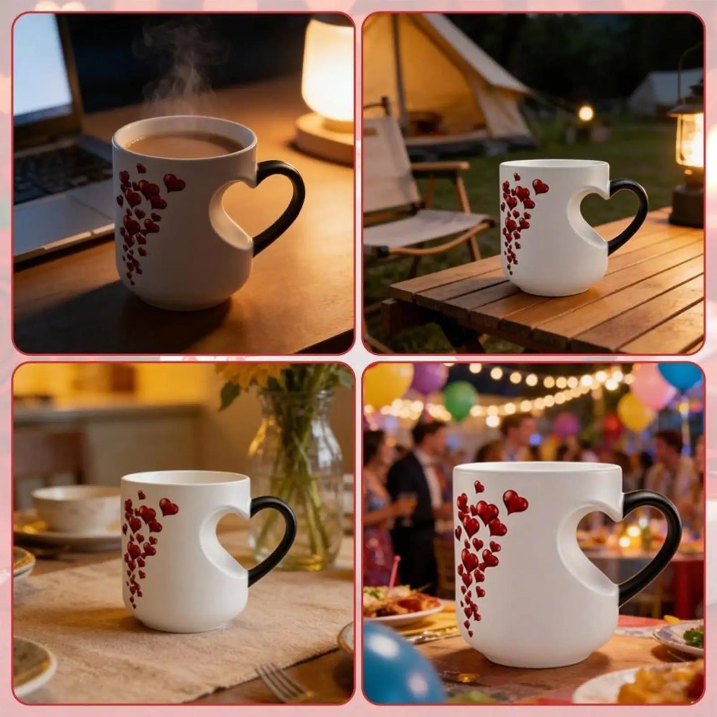 Heat Sensitive Color Changing Magic Mug with Romantic Heart Handle Cute Gift for Birthday Anniversary Valentine's Day Coffee Cup