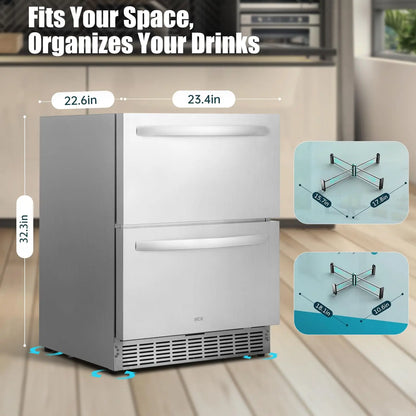 HCK 24 Inch Under Counter Double Drawer Fridge, Stainless Steel Outdoor Beverage Refrigerator for Patio, Built-in Beverage Fridg
