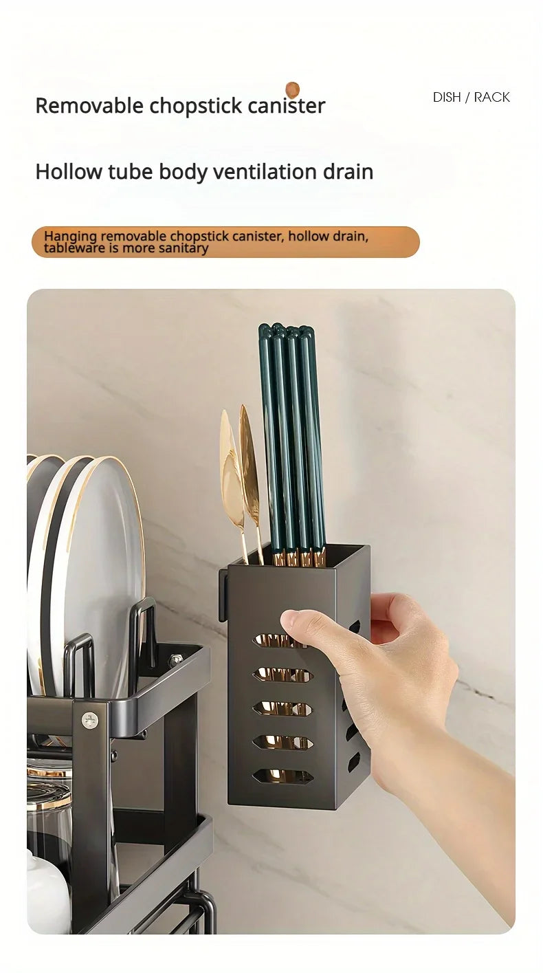 2-Tier Carbon Steel Dish Drying Rack for Kitchen Counter, Large Capacity Dish Drainer with 360° Swivel Spout, Rust-Proof Utensil & Cutting Board Holder