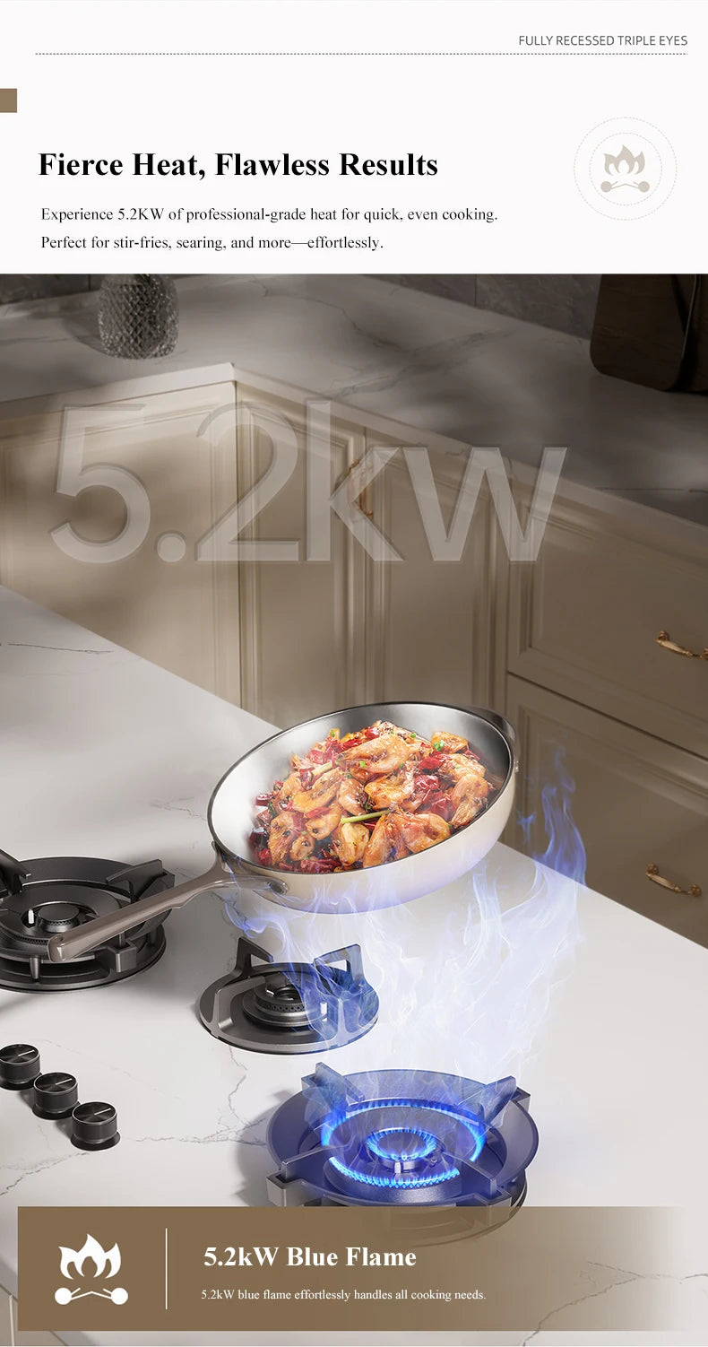 Premium Built-in Gas Cooktop 3-Burner 5.2KW Copper Flame Failure Protection Panel-Ready for Custom Kitchen