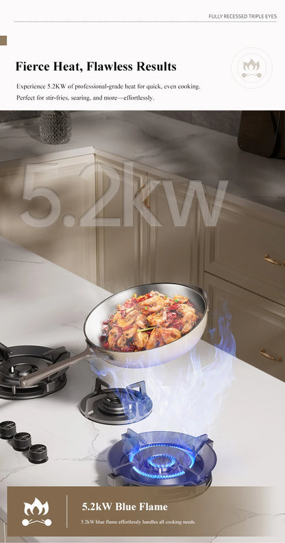 Premium Built-in Gas Cooktop 3-Burner 5.2KW Copper Flame Failure Protection Panel-Ready for Custom Kitchen