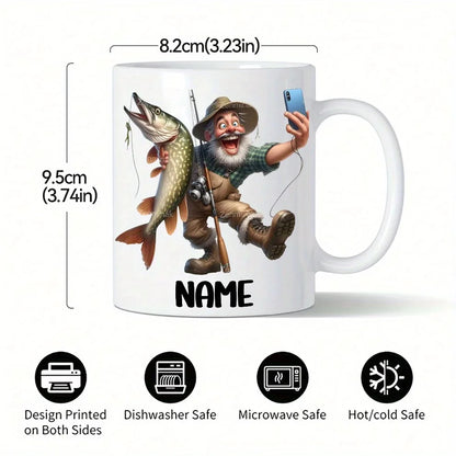 1PC 11oz Custom Ceramic Mug, Custom Name & Text, Fishing Pattern, Perfect Gift for Fishing Lovers