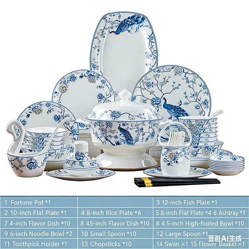Blue And White Porcelain Tableware Set 18/28/56/30pcs Ceramics Dish Sets Full Set Luxury China Dinnerware Set For 4/6/10 Persons
