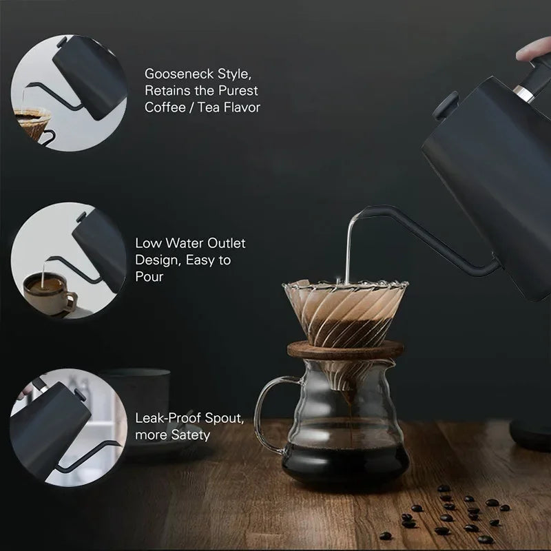 Electric Gooseneck Kettle Quick Heating Stainless Steel Pour-Over 1L 1200W Coffee Tea Pot for Hotel Household Coffee Product