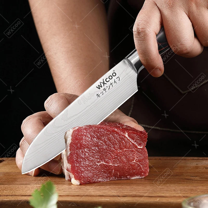 WXCOO Santoku Butcher Carving Knife Japanese Kitchen Knives High Carbon Steel Knife Set Fruit Bread Meat Cleaver Boning Knife