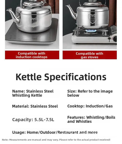 Stainless Steel Whistle Water Kettle Large Capacity 7.5L Insulated for Home Use Compatible with Gas And Induction Cookers Tea