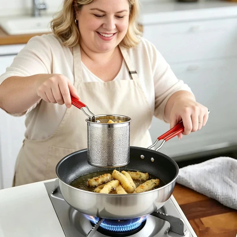 Stainless Steel Deep Frying Pot with Strainer Kitchen Tempura Fryer Pan for Fried Chicken French Fries Cooking Tools Home Use