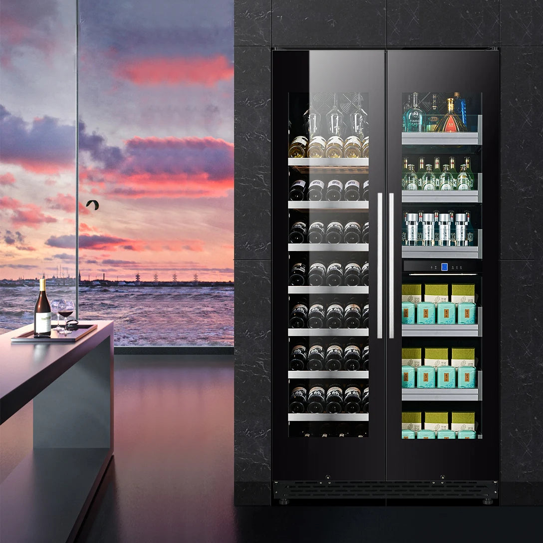 Home Kitchen Wine and Beverage Refrigerator Double Door Cooler Dual Zone Temperature 16 Shelves