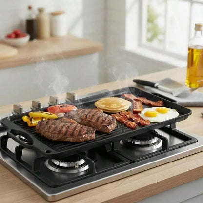 Pre-Seasoned Cast Iron Cooking Plate 20x10 Inch For Gas Stove Top, Camping BBQ, Indoor Kitchen, Double Sided Design Rectangular