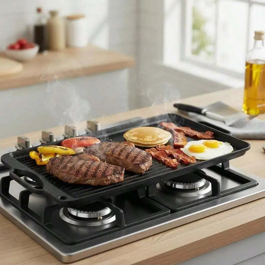 Pre-Seasoned Cast Iron Cooking Plate 20x10 Inch For Gas Stove Top, Camping BBQ, Indoor Kitchen, Double Sided Design Rectangular