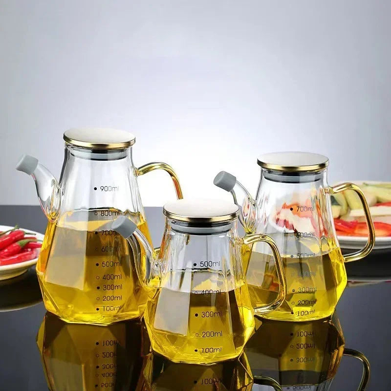 JUSTINLAU Glass Oil Pots 500/700/900ml Leak Proof Diamond Oil Bottle with Scale/Lid Kitchen Soy Sauce Vinegar Condiment Storage