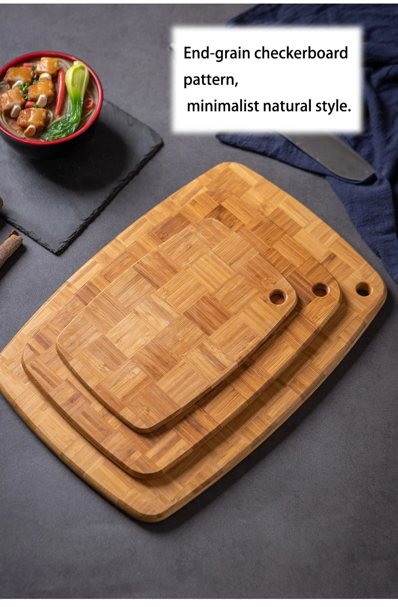 Checkerboard Moso Bamboo Cutting Board, Bamboo Chopping Board with Juice Groove & Hanging Carry Hole, Portable Fruit Vegetable