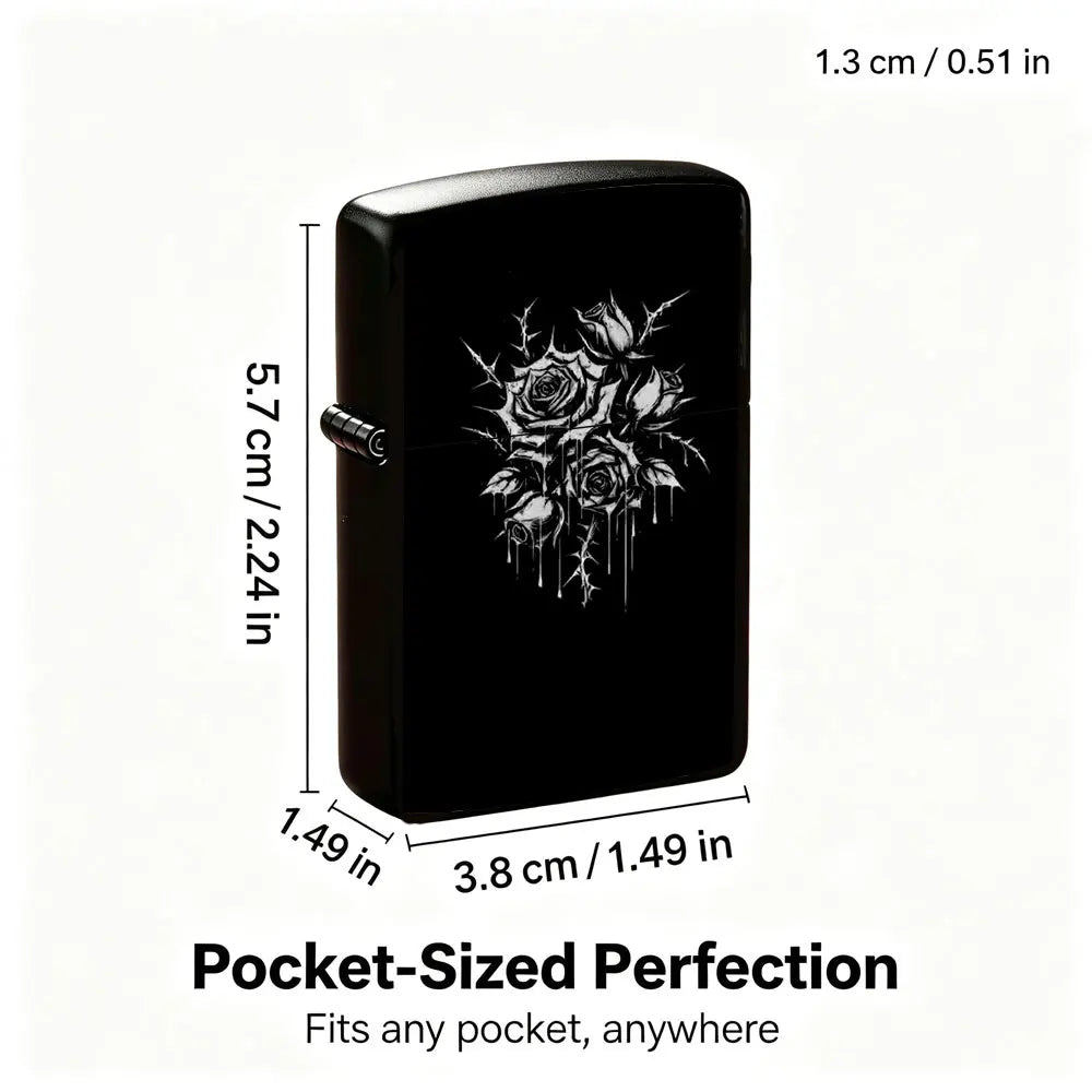 Pocket Lighter, Flip-Top Windproof Design, Metal Case with Black & White Rose Print Art, Comfortable Grip, Adjustable Flame, Portable & Durable - Ideal Gift for Smokers