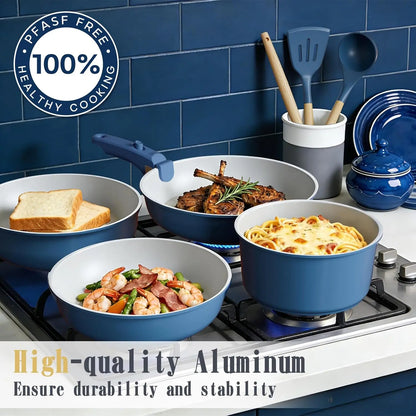 Non Stick Pots and Pans Set, 21 Pcs Ceramic Cookware with Detachable Handles, Induction Ready, Oven Safe, PFAS & PFOA Free, Navy