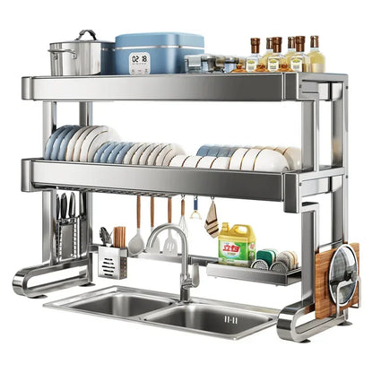 304 Stainless Steel Sink Storage Rack 2 Layers Kitchen Shelf Multifunctional Bowl Dish Drain Basket Space Saving Organize Shelf