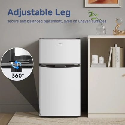 Mini fridge with freezer for bedroom, office, dorm, apartment, garage, RV; black and silver finish; quiet compact design with a