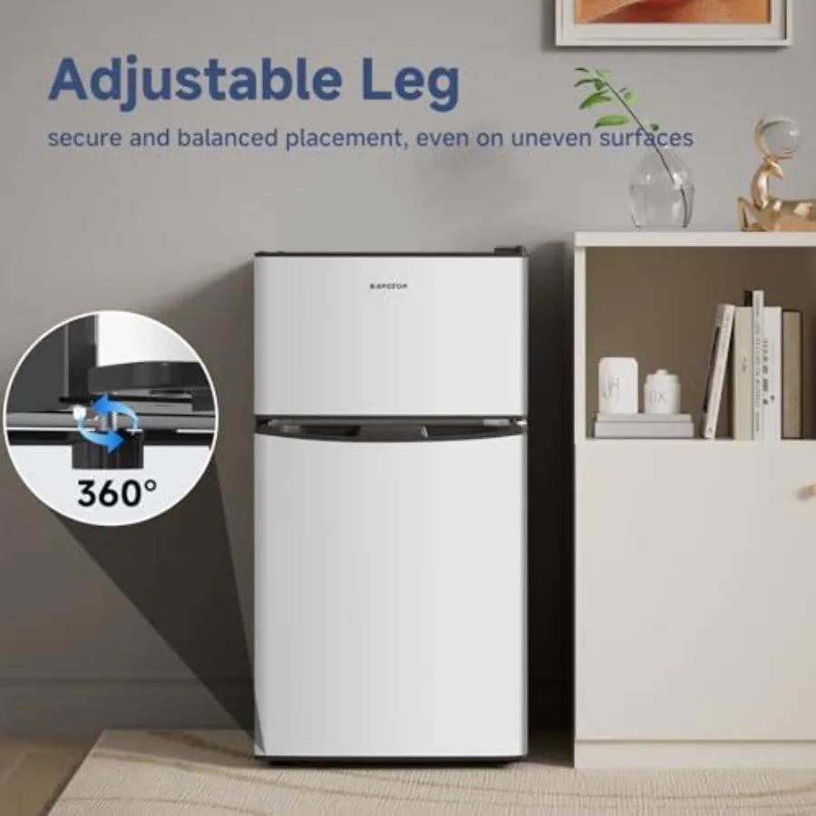 Mini fridge with freezer for bedroom, office, dorm, apartment, garage, RV; black and silver finish; quiet compact design with a