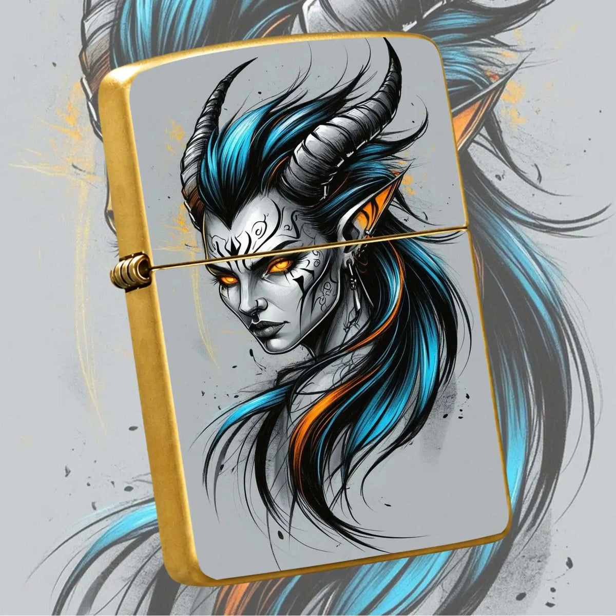 Stylish Tiefling Character Portable Igniter, Bold Cyan Orange Contrast Dark Fantasy Themed Accessory, Fits All Daily Scenarios, Ideal Unique Present For Friends And Hobbyists, Combines Decor Display And Practical Usage A Humo