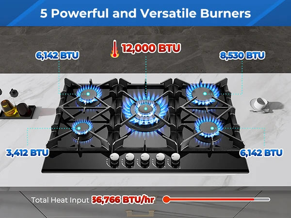 30 Inch 5 Burners Stove Top Built-in NG/LPG Convertible with Thermocouple Protection Gas Cooktop