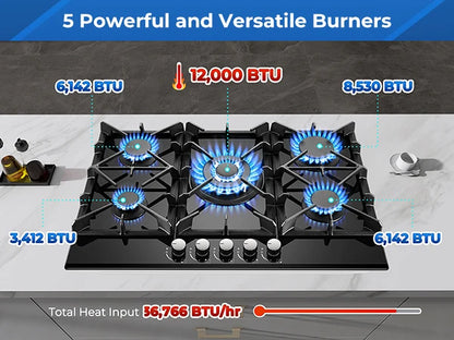 30 Inch 5 Burners Stove Top Built-in NG/LPG Convertible with Thermocouple Protection Gas Cooktop