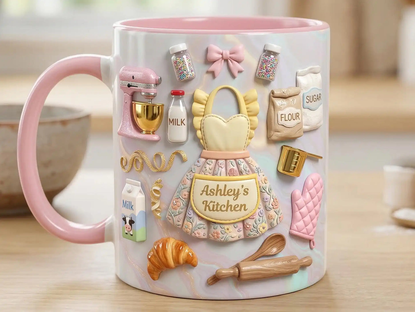 Personalized Baking Lover Mug, 3D Effect Custom Name Baker Mug, Apron Kitchen Coffee Mug, Mother's Day Gift