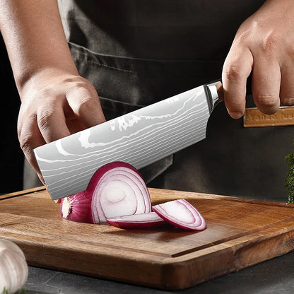 Japanese Santoku Knife 10pcs Damascus Pattern Knives Set Chef's Knife Boning Knife Meat Cleaver Vegetable Slicing Knives