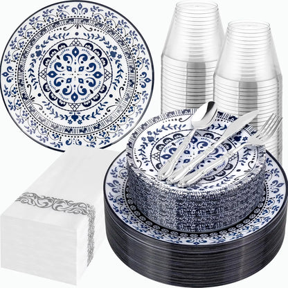 175PCS Blue Plastic Plates - Floral Disposable Dinnerware Set for 25 Guests, Include 50 Dinner & Dessert Plates, 75 Silver Cu