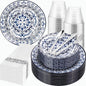 175PCS Blue Plastic Plates - Floral Disposable Dinnerware Set for 25 Guests, Include 50 Dinner & Dessert Plates, 75 Silver Cu