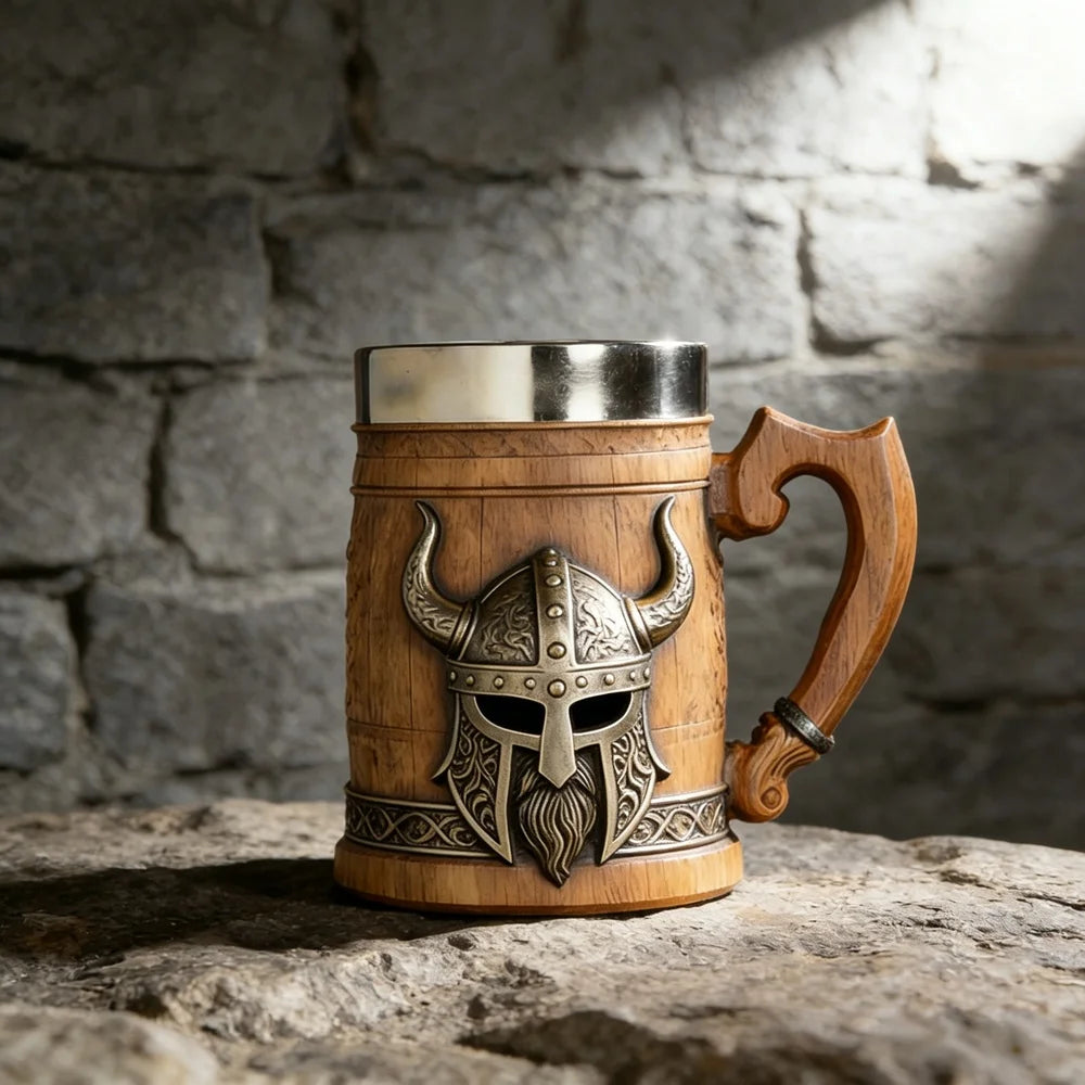 Medieval Revival Viking Pirate Beer Mug "Norse Mythology Odin/Thor Theme" Tankard Nordic Medieval Axe Handle Wood Barrel Stein