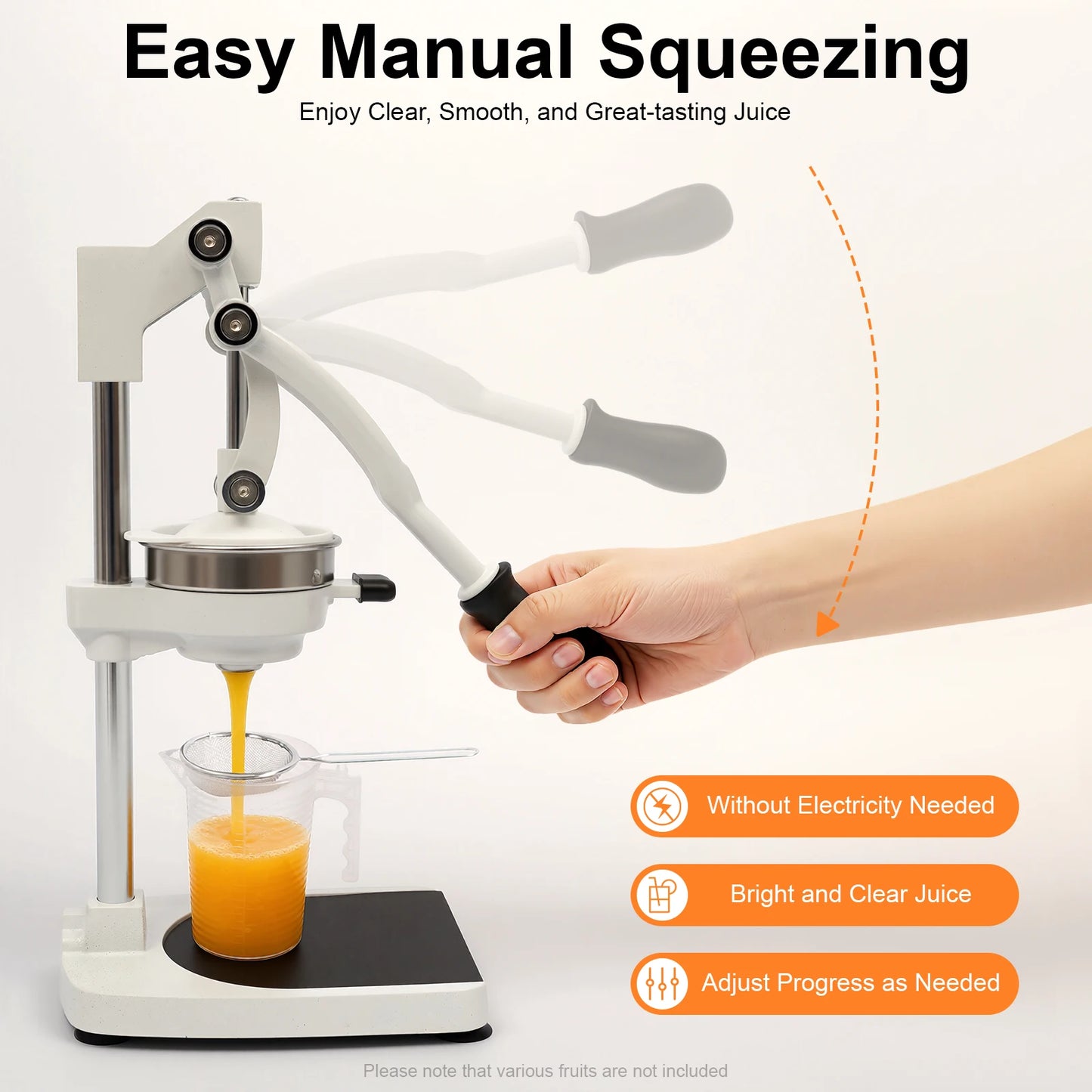 Manual Juicer – 304 Stainless Steel + Aluminum Alloy – Dual Press Heads (Pointed & Flat) – Rotating Gravity Rod – 500ml Measuring Cup – 40mm Base – Suction Cups – for Orange Lemon Pomegranate