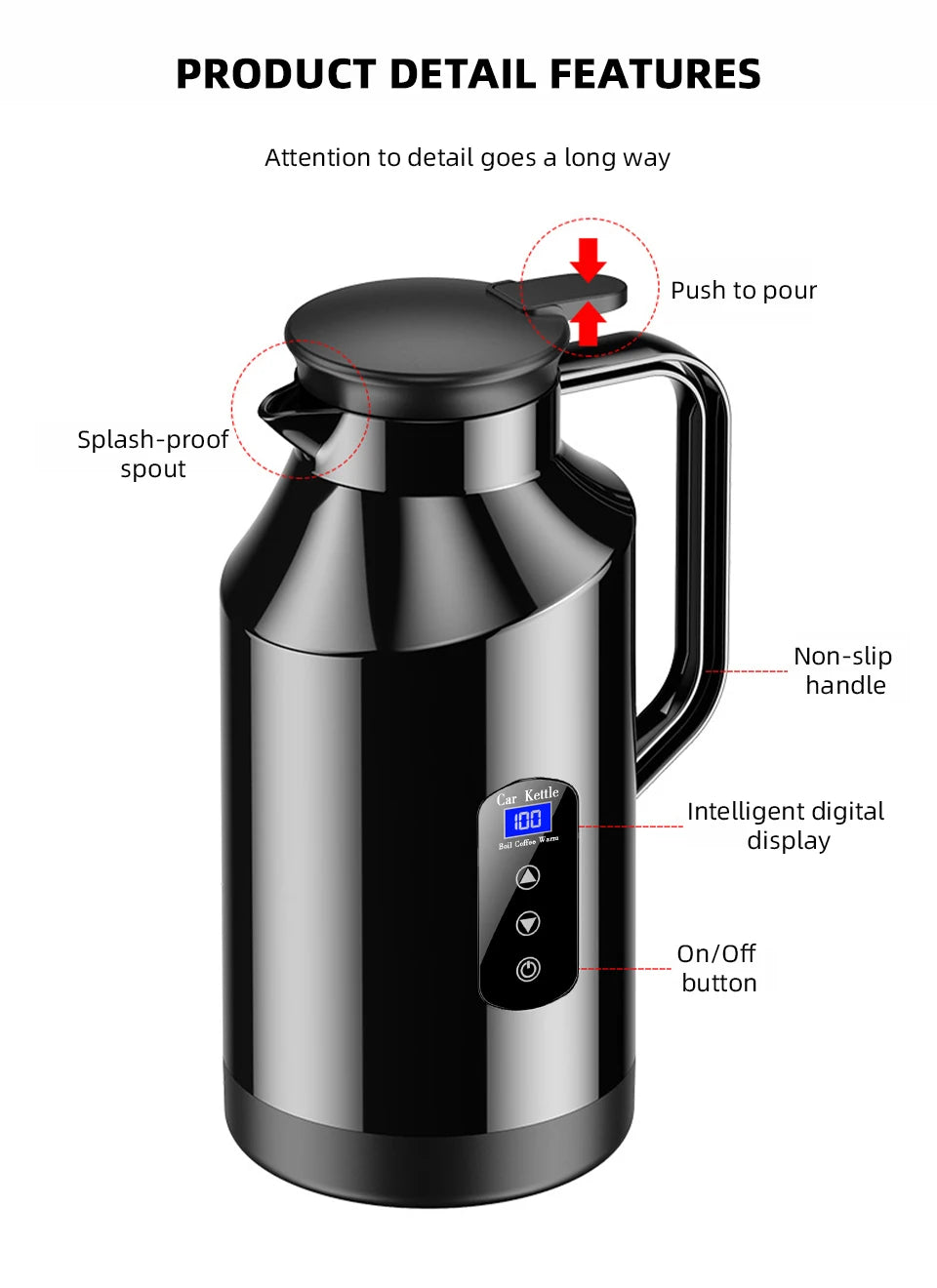 12V 24V Portable Car Hot Kettle 1200mL/1500mL Large Capacity 304 Stainless Steel Thermos Water Bottle Travel For Tea Coffee