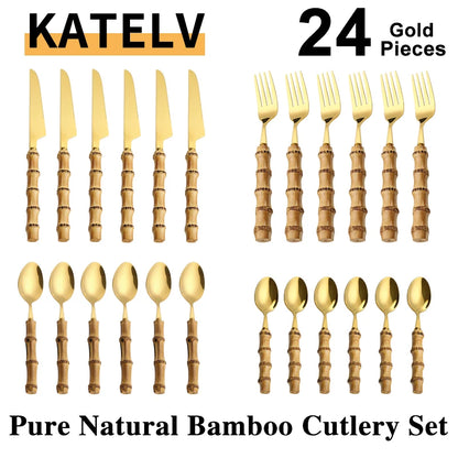 24Pcs Dinnerware Sets Original Nature Bamboo Handle Cutlery Stainless Steel Knife Fork Spoon Purely Natural Bamboo Tableware Set