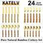 24Pcs Dinnerware Sets Original Nature Bamboo Handle Cutlery Stainless Steel Knife Fork Spoon Purely Natural Bamboo Tableware Set
