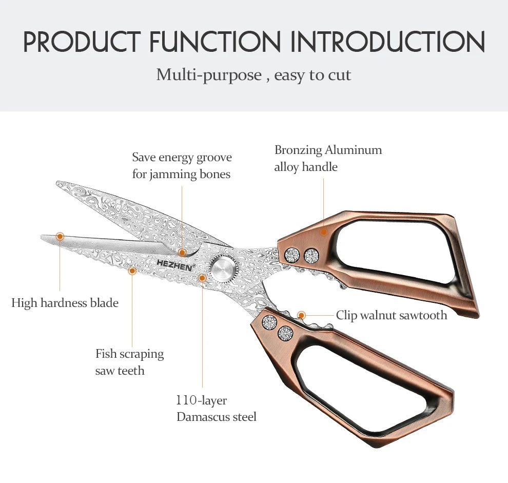 HEZHEN 110 Layers Damascus Steel Kitchen Scissors Walnut Powerful Multifunctional Crack Walnuts Open Beer Bottle
