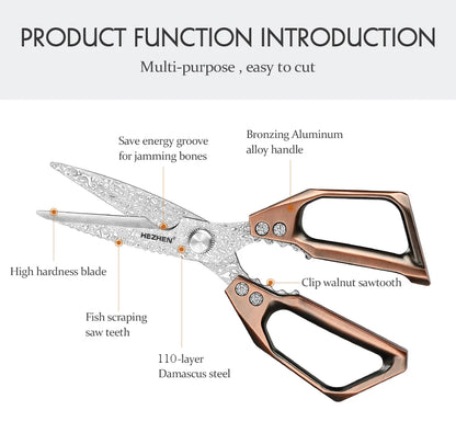 HEZHEN 110 Layers Damascus Steel Kitchen Scissors Walnut Powerful Multifunctional Crack Walnuts Open Beer Bottle