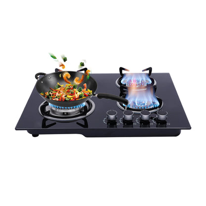 4 Burners LPG Gas Cooktop Black Tempered Glass Panel Cast Iron Stainless Steel Construction Polishing Process Built In Installation US Standard Plug 110V 2800Pa Working Pressure Four Multi Power Burners Household Commercial G