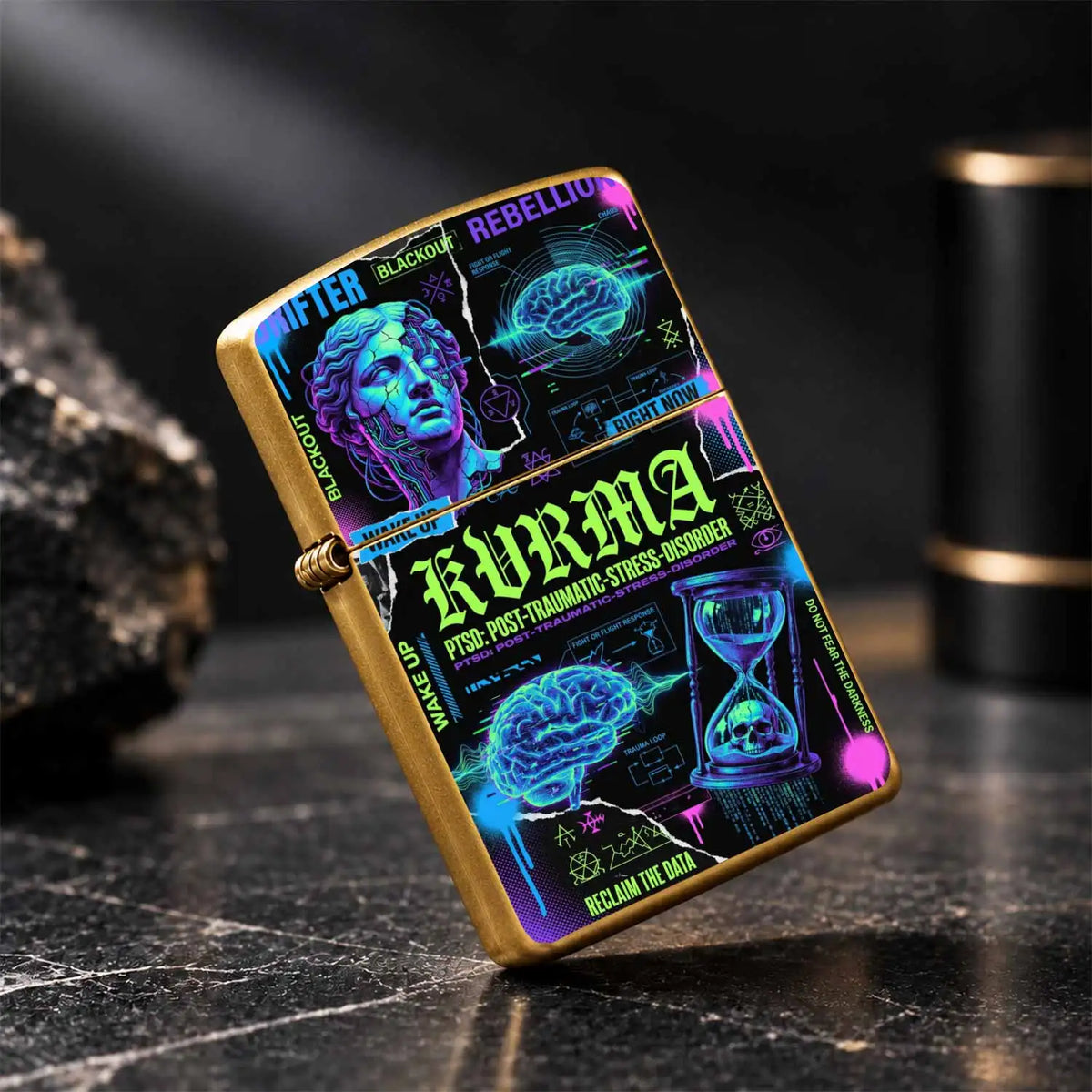 Cyber Style Kvrma Themed Lightweight Lighter, Trendy Print Of Statue Brain Hourglass, Portable Accessory For Daily Outdoor Multi Scenarios, Cool Unique Practical Item For Everyday Use And Festival Gift Giving A Humorous And I