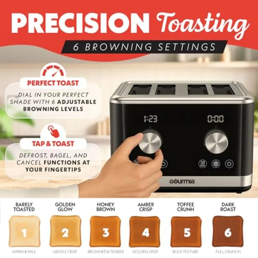 4-Slice Toaster with Dual Independent Controls for Bagel Defrost and Reheat 6 Browning Levels Extra Wide Slots Removable Crumb