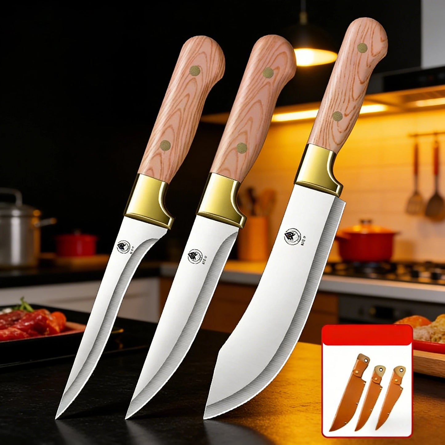Professional threepiece butcher knife set Kitchen knives for beef pork and lamb with deboning cutting and multipurpose functions