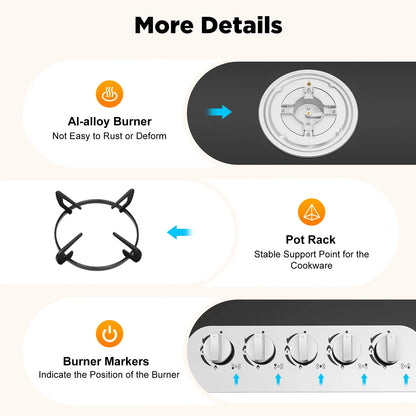 Five Burner Built In Gas Cooktop Dual Gas Compatible High Temperature Resistant Panel Reliable Pulse Ignition Stable Combustion Multiple Firepower Options Practical Knob Operation Sturdy Structure Ideal For Home Kitchen Cooki